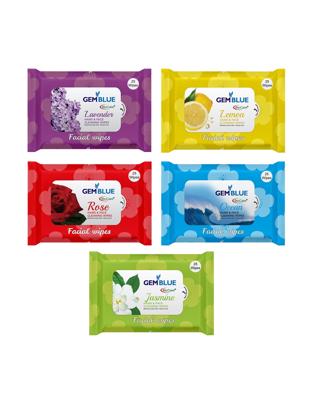 

GEMBLUE BioCare Set of Jasmine - Lavender - Lemon - Rose - Ocean Facial Wipes, Multi