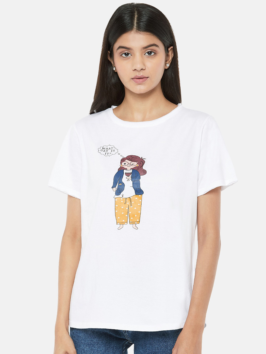 

People Women White Printed Round Neck T-shirt