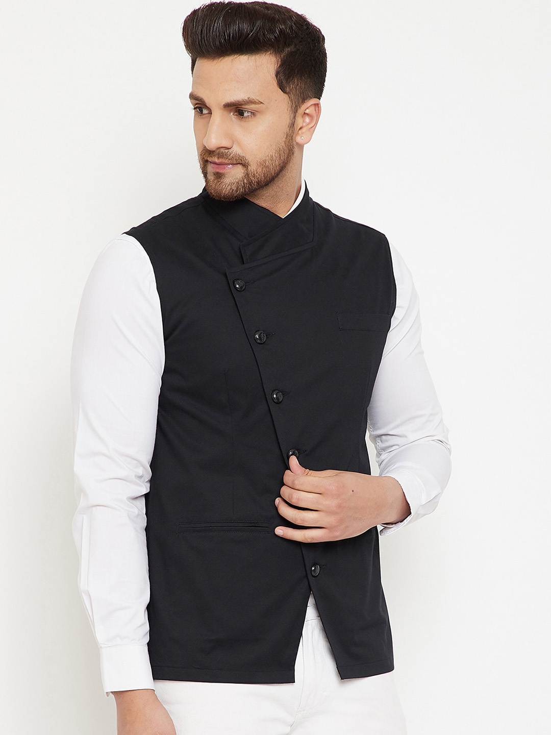 

Hypernation Men Black Cotton Solid Woven Satin Twill Nehru Jacket