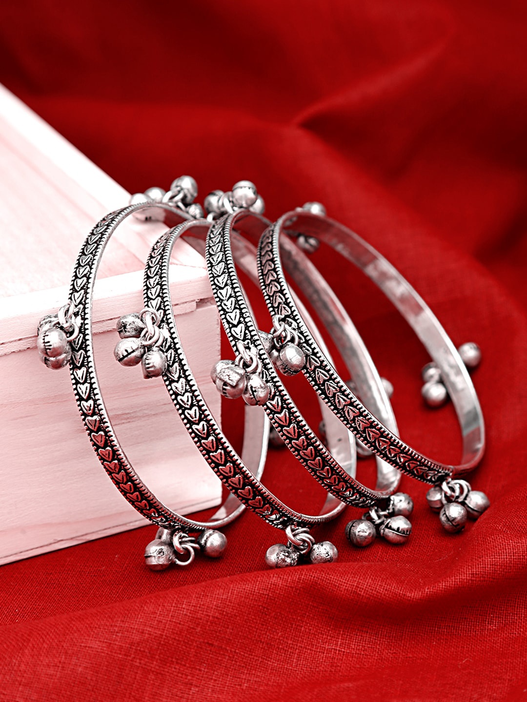 

Yellow Chimes Set Of 4 Oxidised Silver-Plated Handcrafted Ghoongroo Bangles