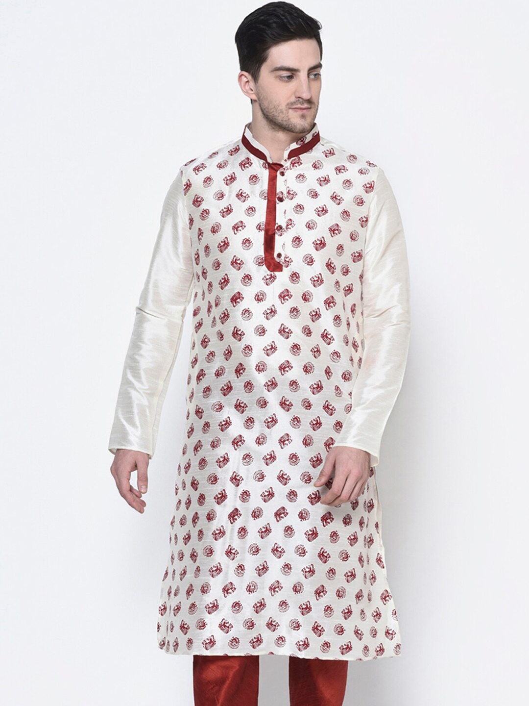

DEYANN Men Off White & Maroon Ethnic Motifs Printed Kurta