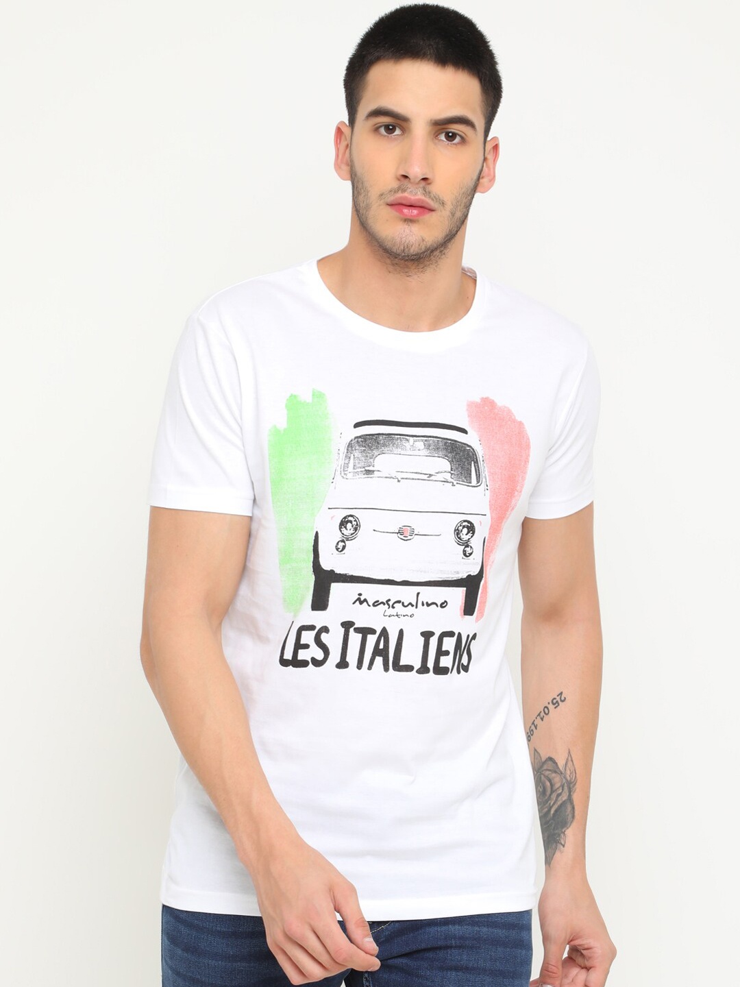 

Masculino Latino Men White Printed Round Neck T-shirt