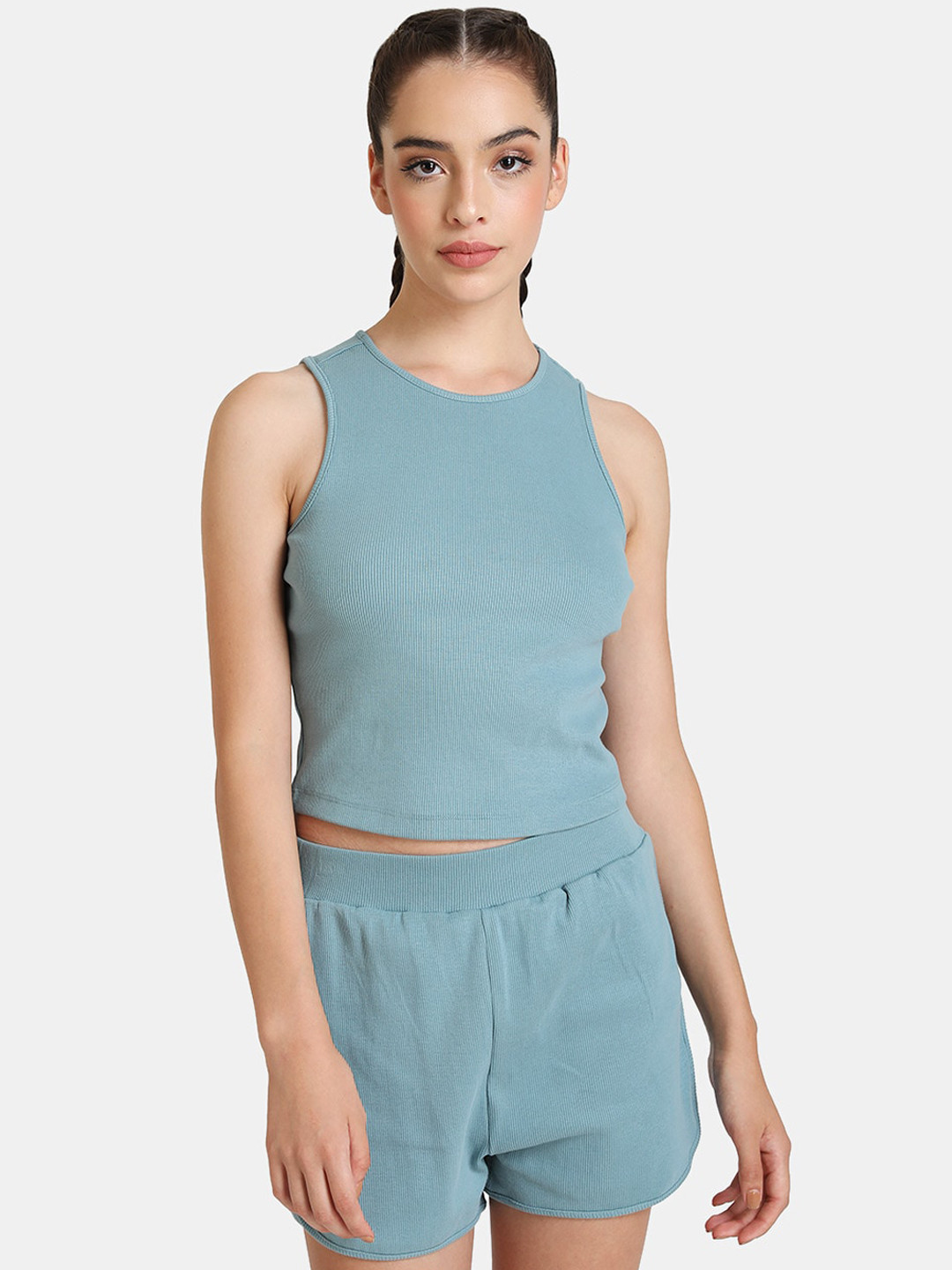 

Kazo Blue Solid Fitted Crop Top