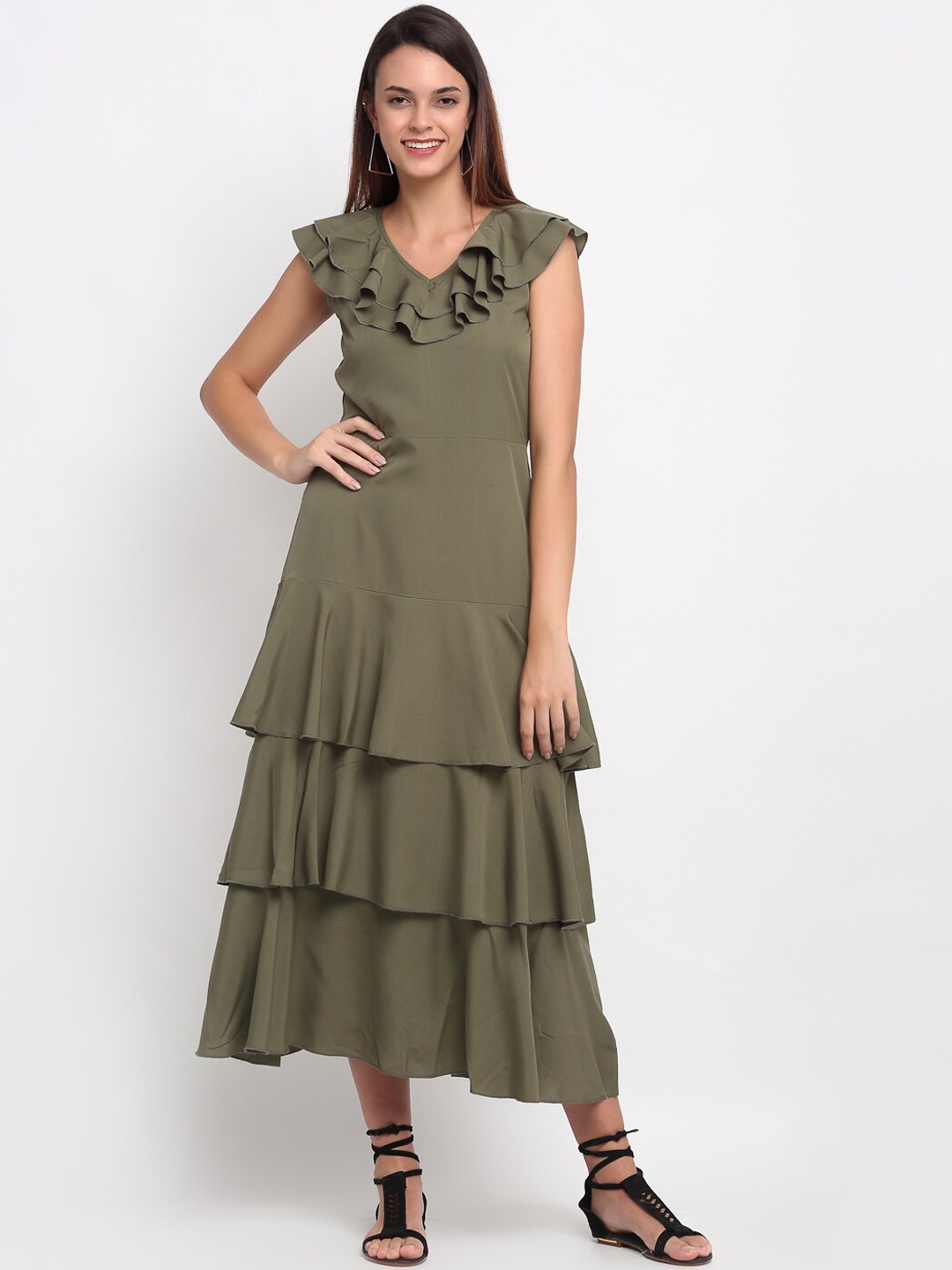 

Karmic Vision Women Olive Green Solid Maxi Dress