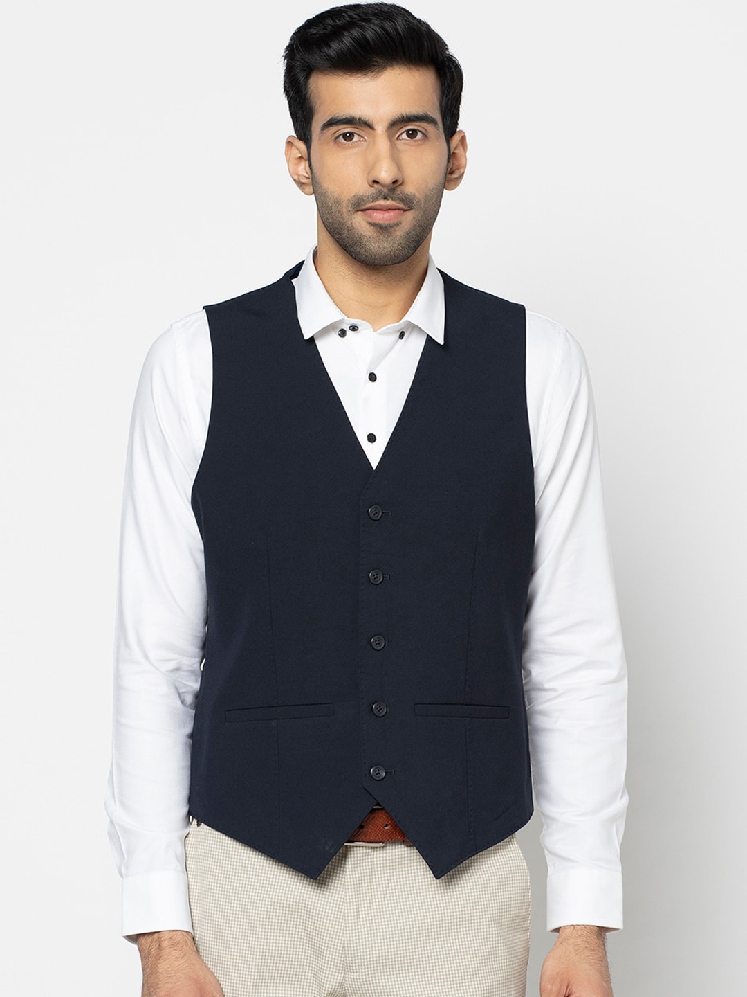 

Blackberrys Men Navy Blue Solid Slim-Fit Woven Semi Formal Waistcoat