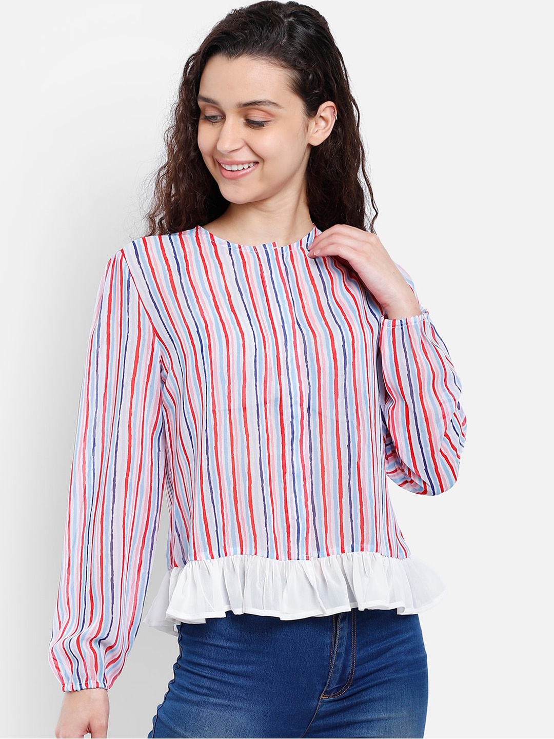 

Yaadleen Multicoloured Striped Georgette Regular Top, Multi