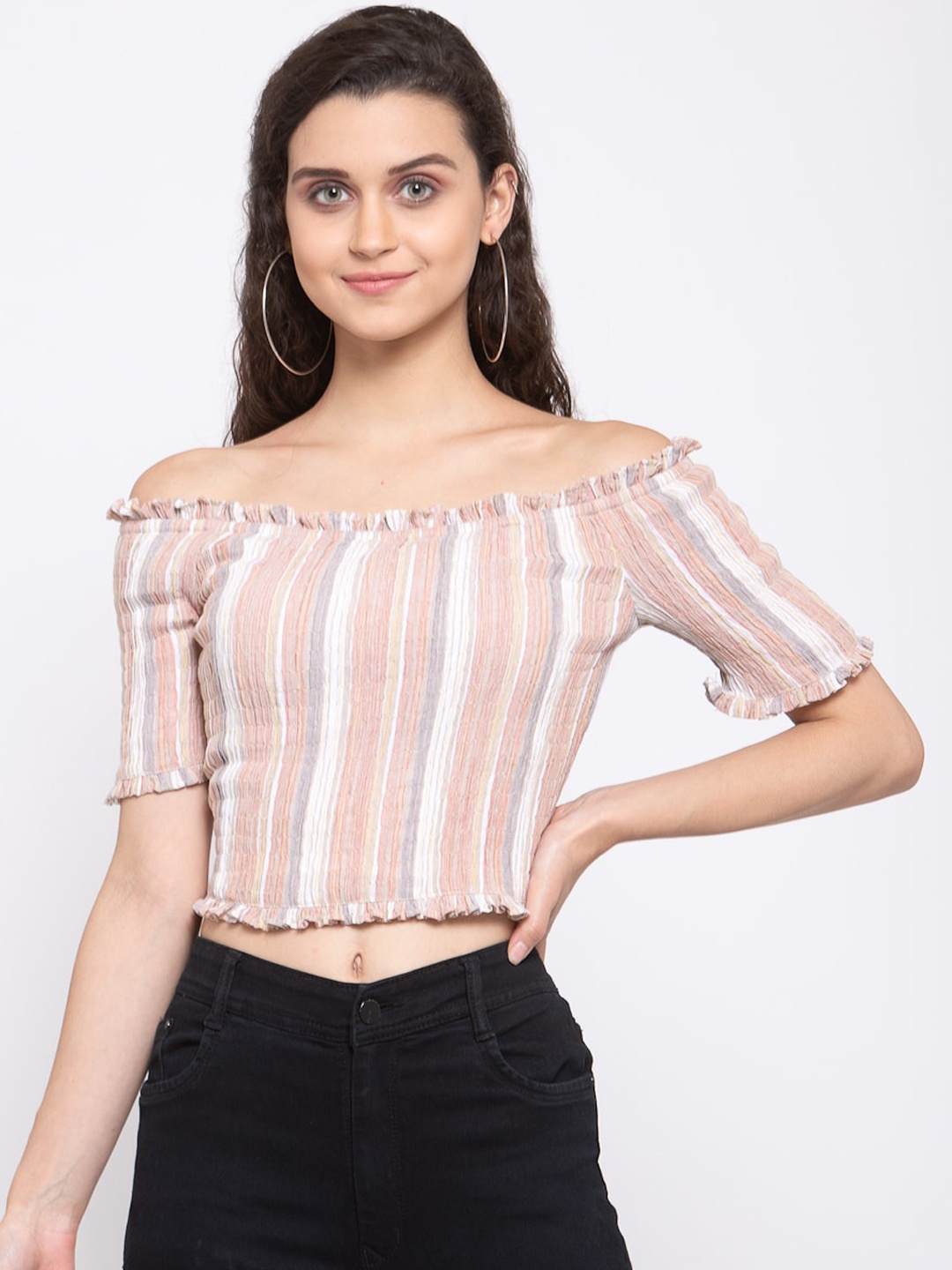 

Zastraa Peach-Coloured & Off White Striped Off-Shoulder Smocked Bardot Crop Top