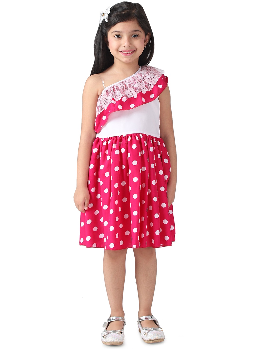 

Samsara Couture Girls Pink Polka Dots Printed Fit and Flare Dress