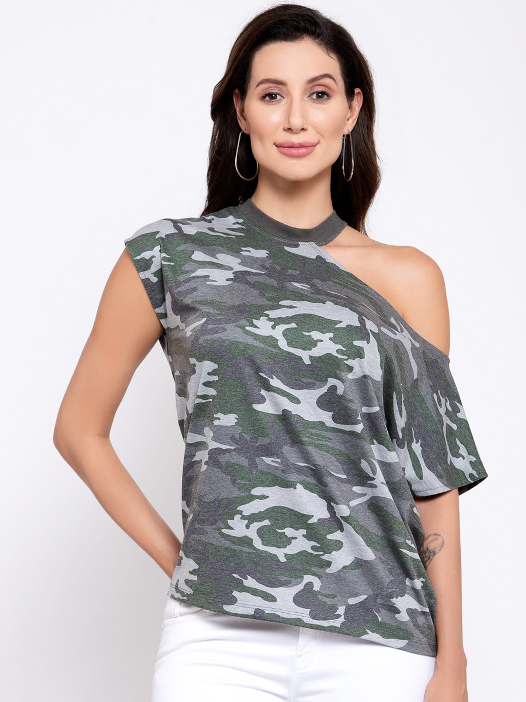 

iki chic Green Camouflage Print Cutout Shoulder Top