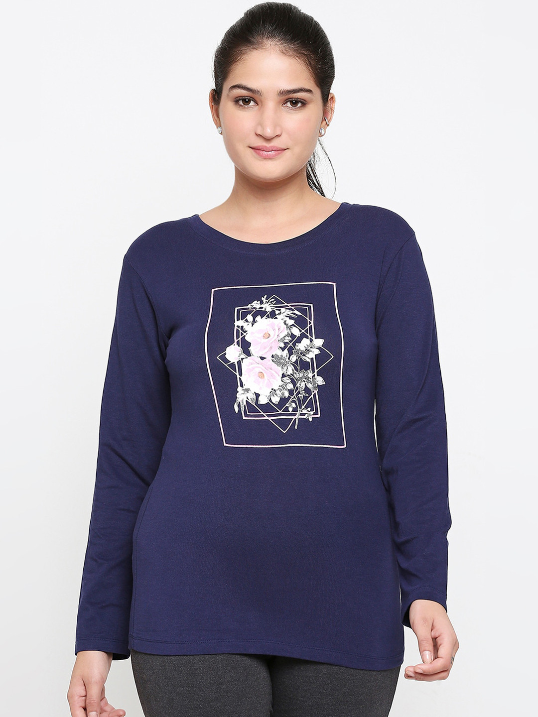 

XIN Women Navy Blue Printed Round Neck T-shirt