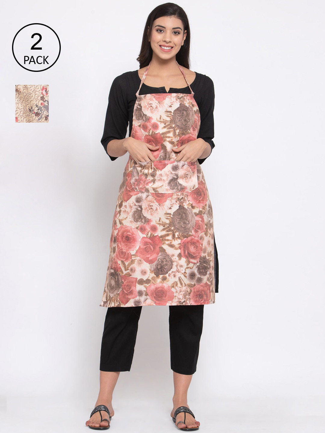 

KLOTTHE Unisex Pack Of 2 Cotton Printed 210 TC Aprons, Pink