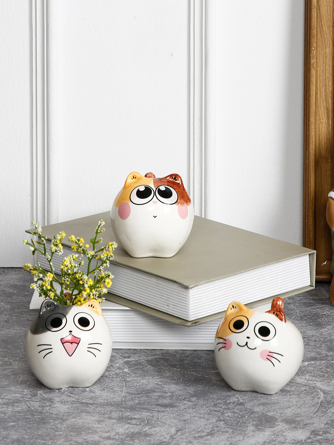 

Aapno Rajasthan Set Of 3 White & Brown Kitty Face Handcrafted Planters