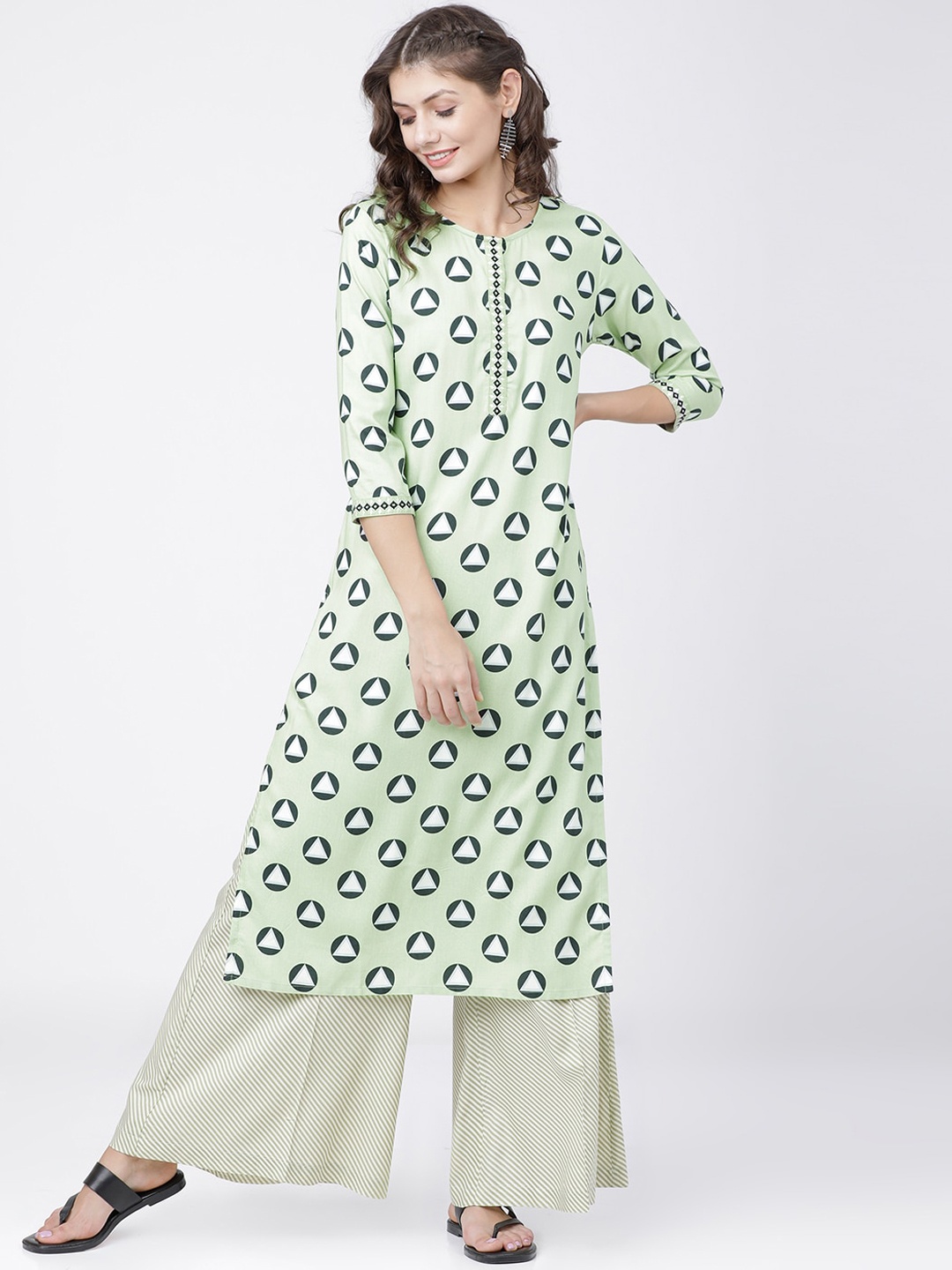 

Vishudh Women Lime Green Printed Kurta with Palazzos
