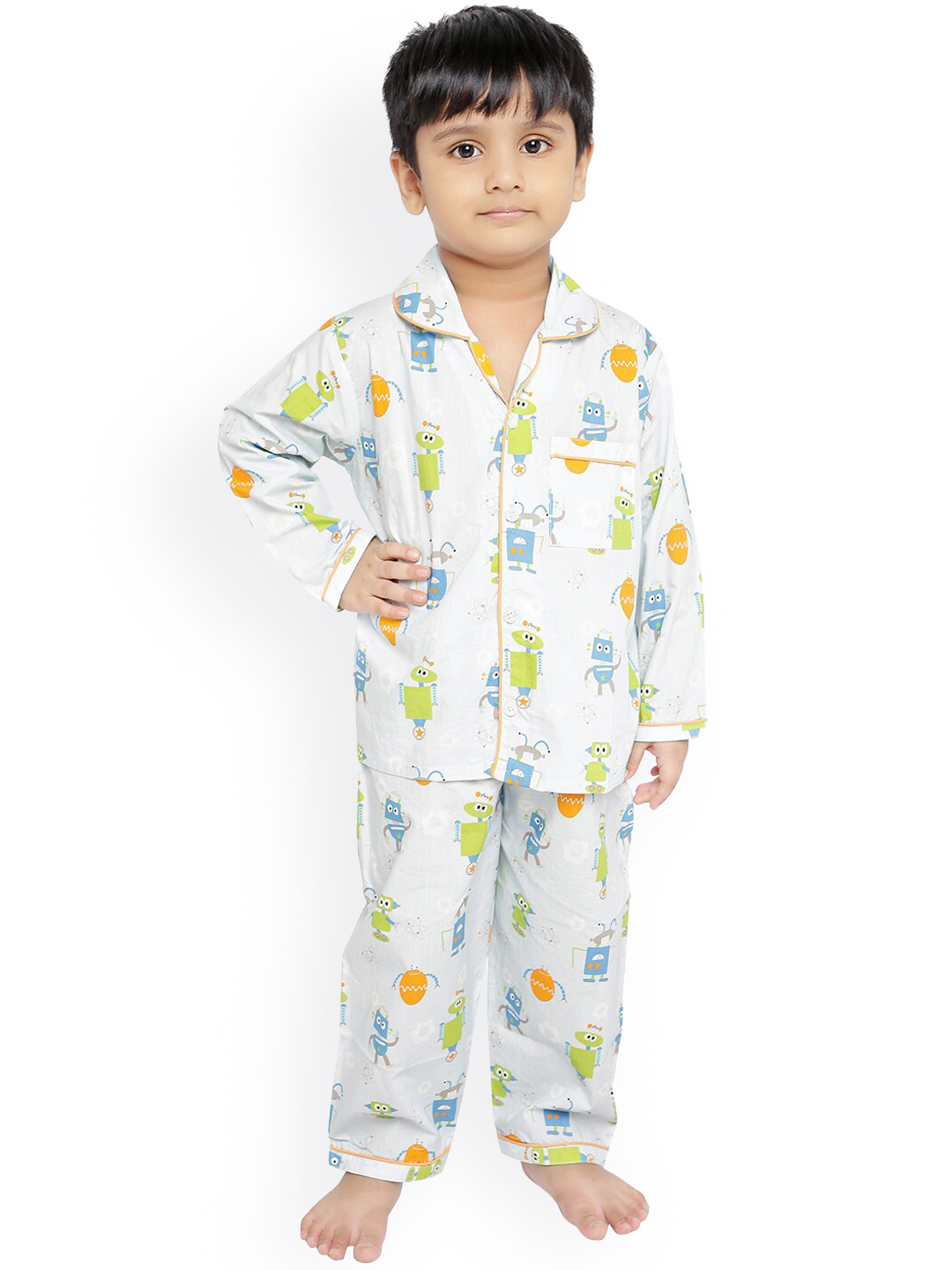 

Knitting Doodles Kids White & Orange Printed Cotton Night Suit