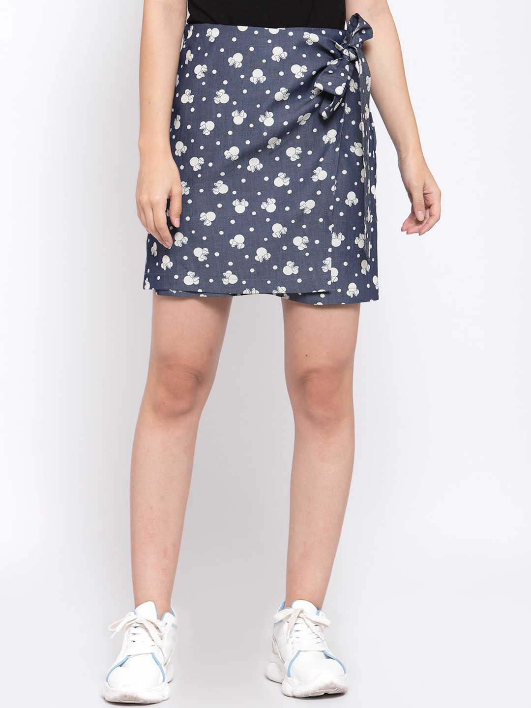 

Zastraa Women Blue & White Minie Mouse Print Pure Cotton Denim Wrap Skirt
