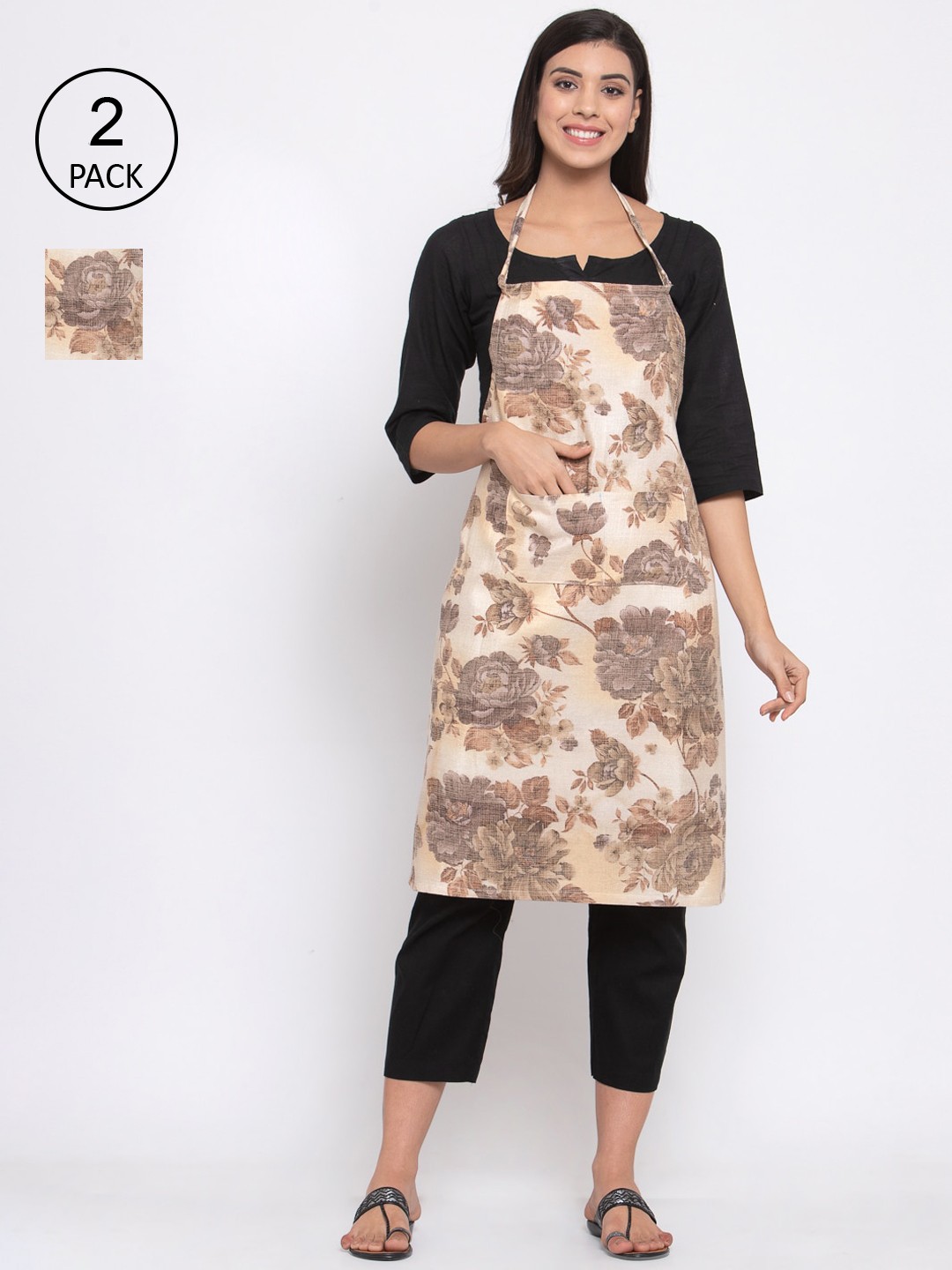 

KLOTTHE Unisex Pack of 2 Beige & Brown Printed 210 TC Cotton Aprons