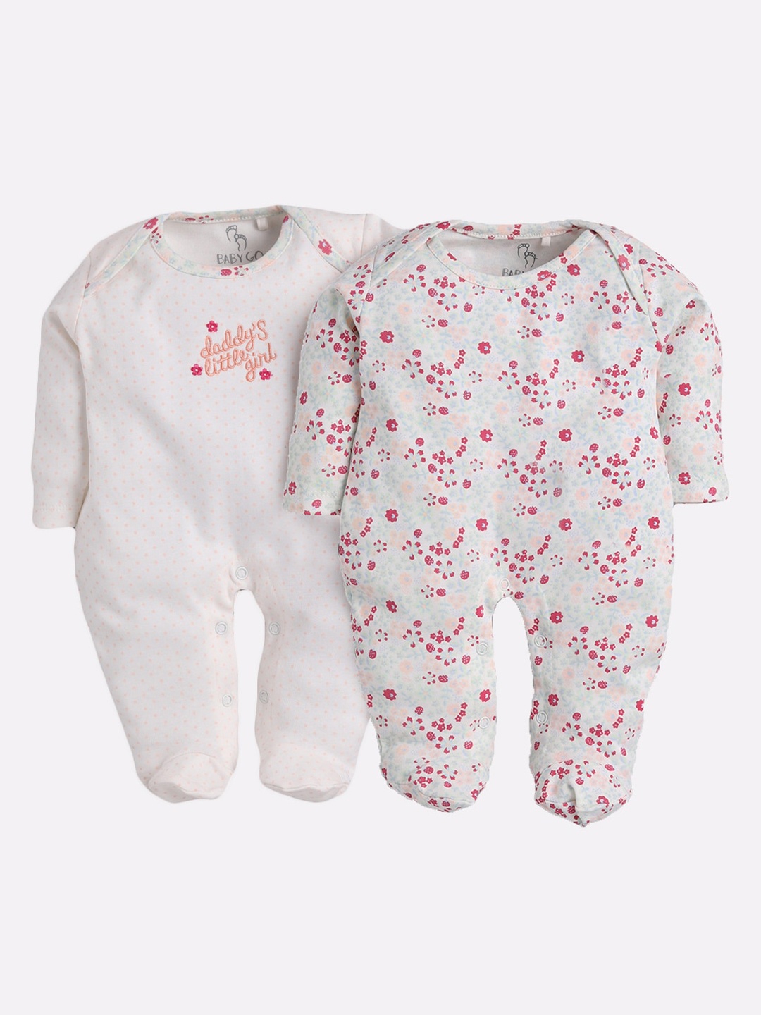 

BABY GO Infant Kids Pack Of 2 Printed Cotton Sleepsuit, White
