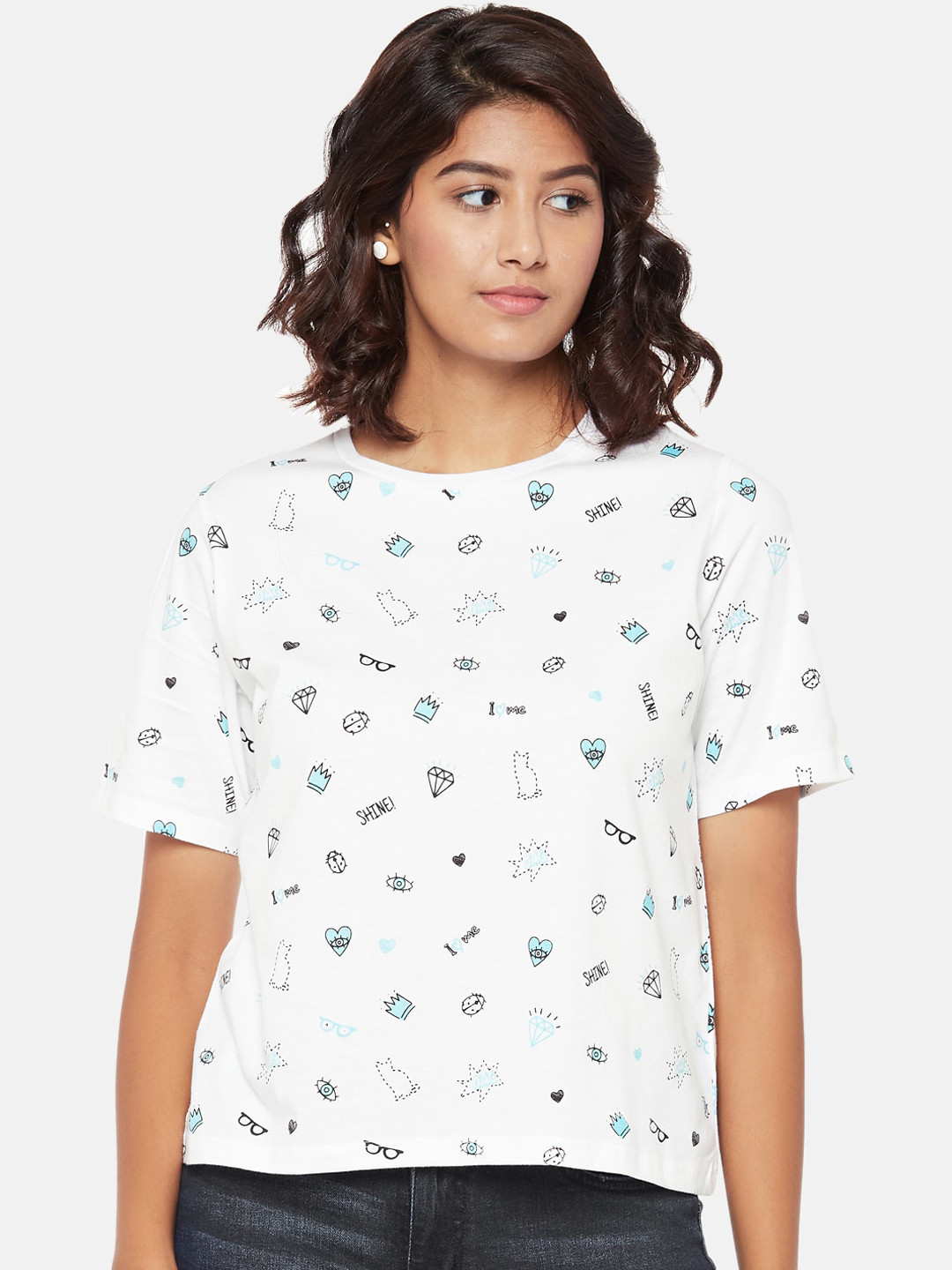 

People Women White Printed Round Neck Pure Cotton T-shirt