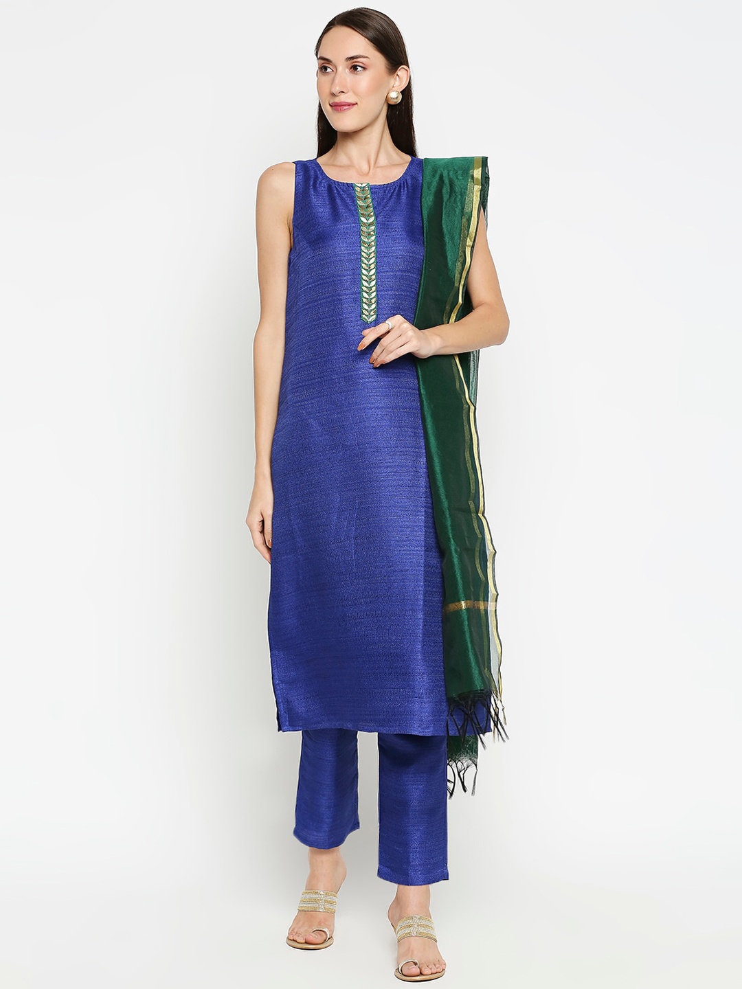 

Desi Weavess Women Blue Self Design Kurti with Trousers & Dupatta