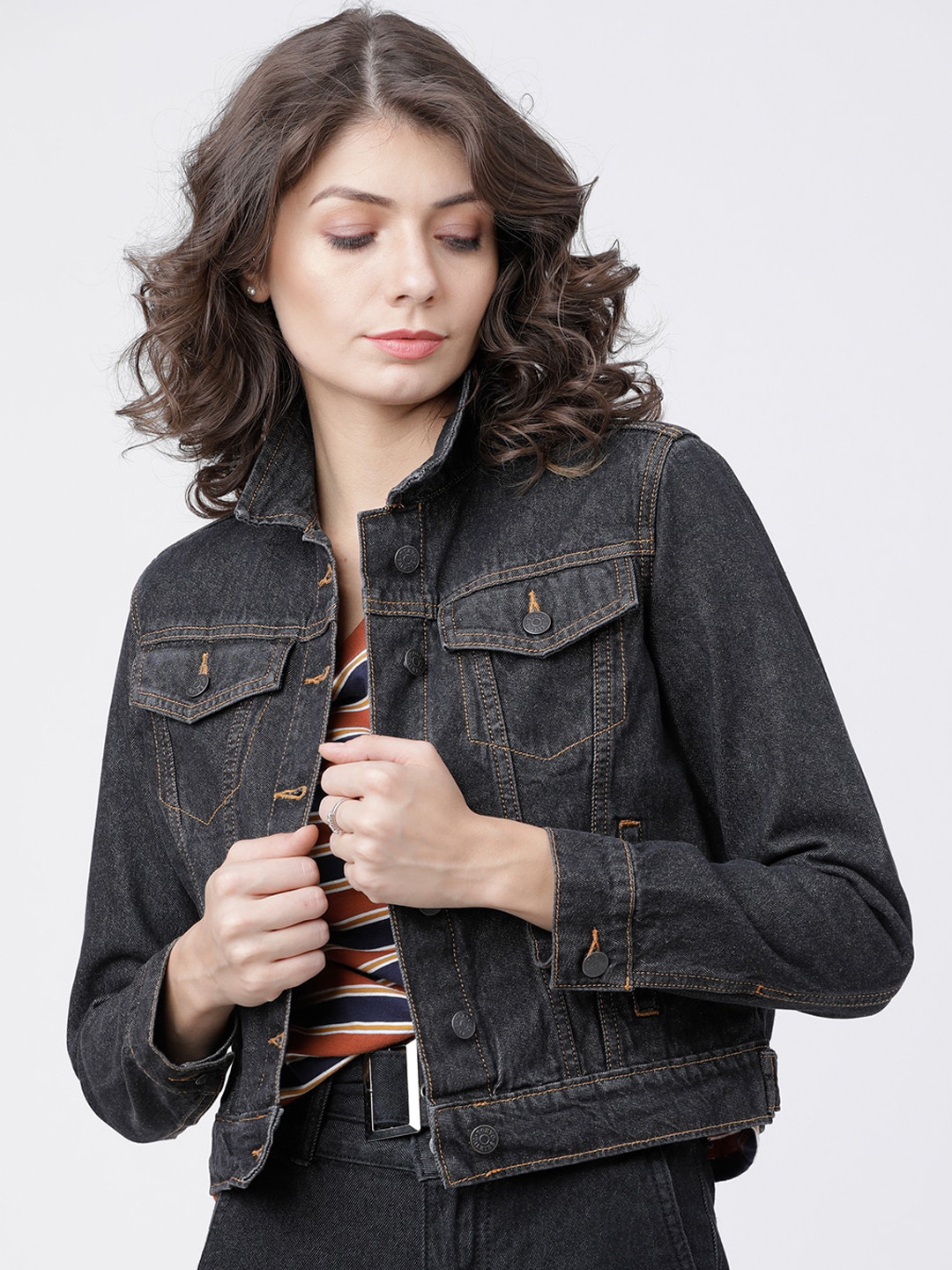 

Tokyo Talkies Women Charcoal Solid Denim Jacket