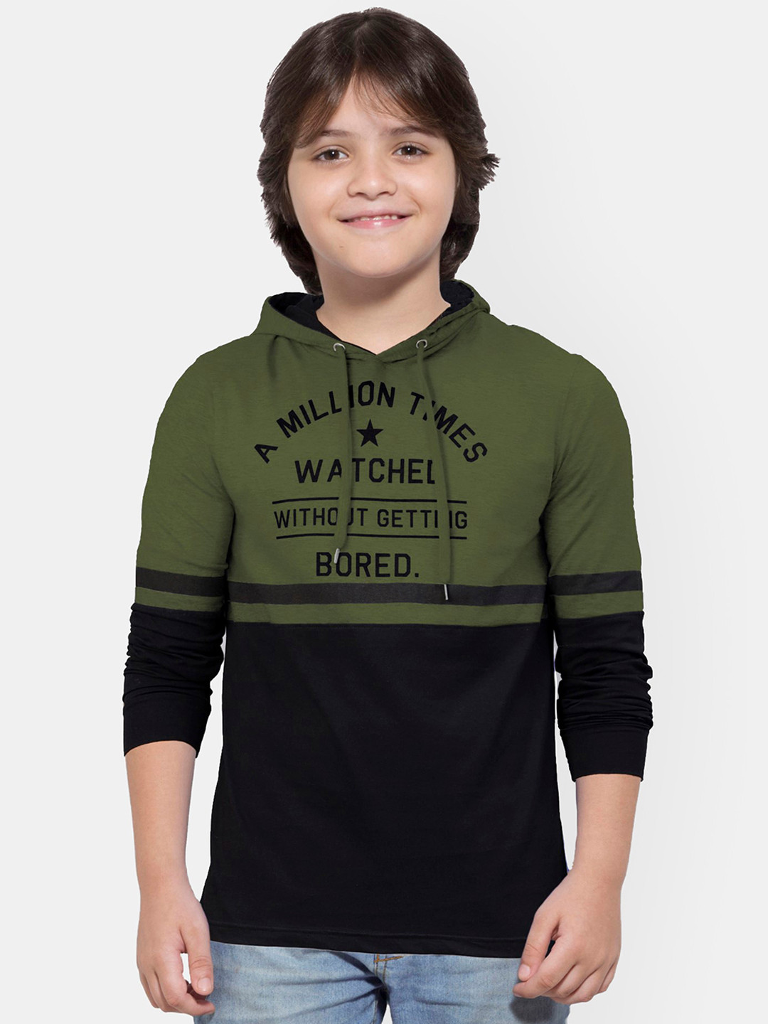 

Maniac Boys Olive Green Printed Hood Pure Cotton T-shirt