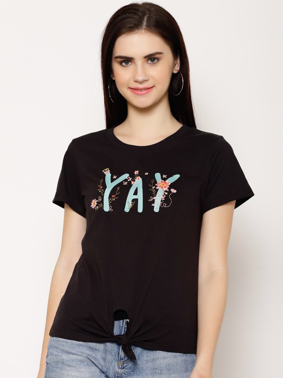 

HOUSE OF KKARMA Women Black Self Design Round Neck Cotton T-shirt