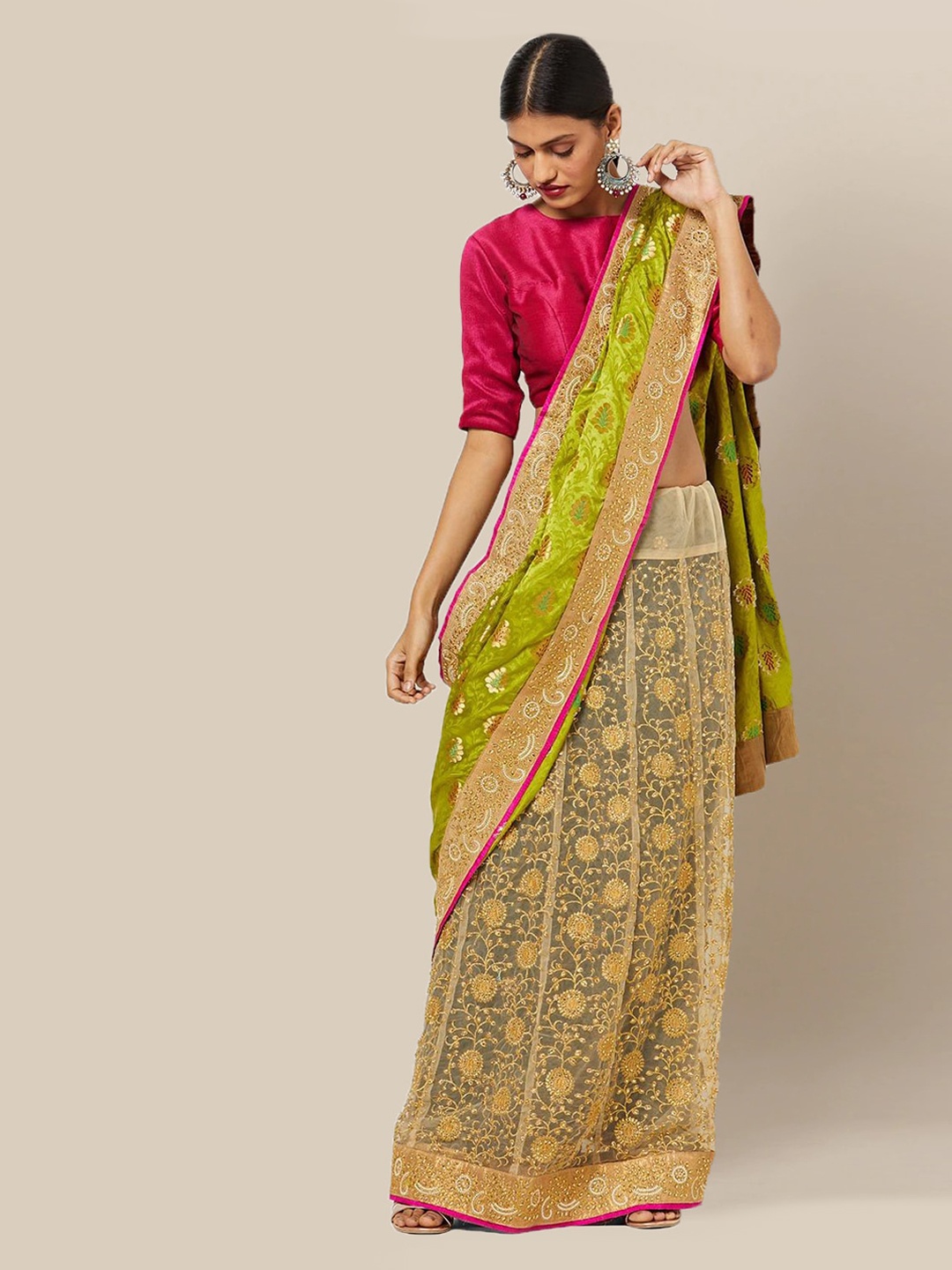 

Chhabra 555 Green & Golden Silk Blend Embellished Banarasi Saree