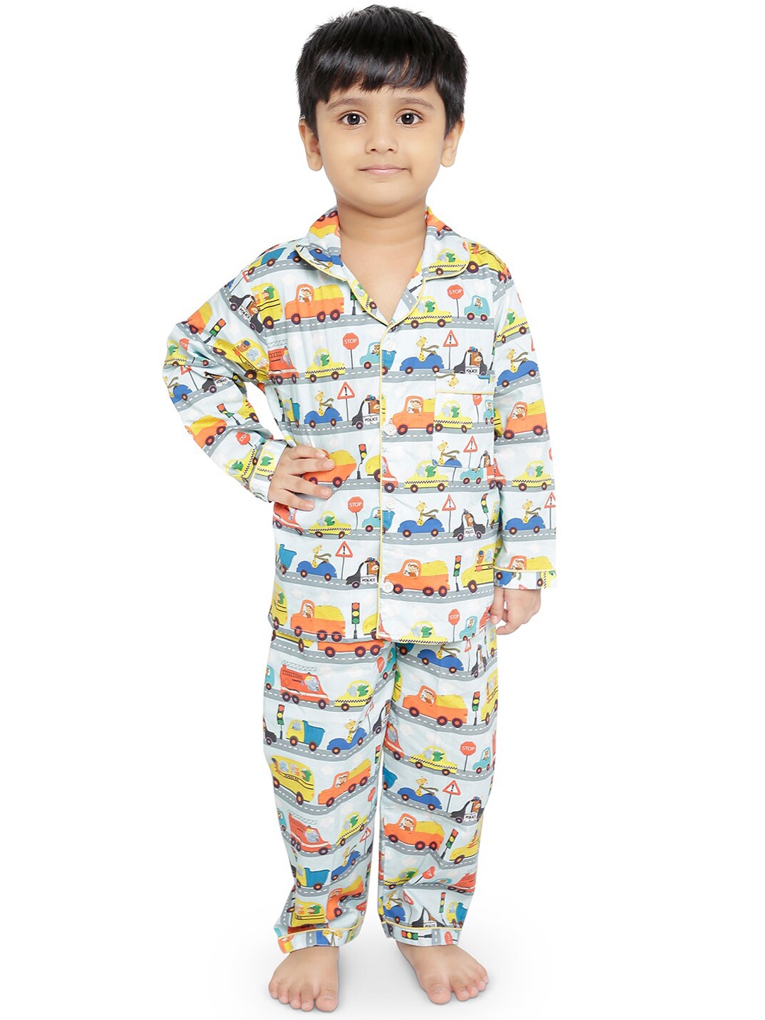 

Knitting Doodles Kids Grey & Orange Printed Night Suit