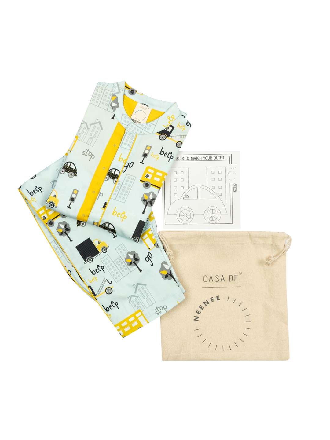 

CASA DE NEE NEE Unisex Kids Sea Green & Yellow Printed Pure Cotton Night Suit