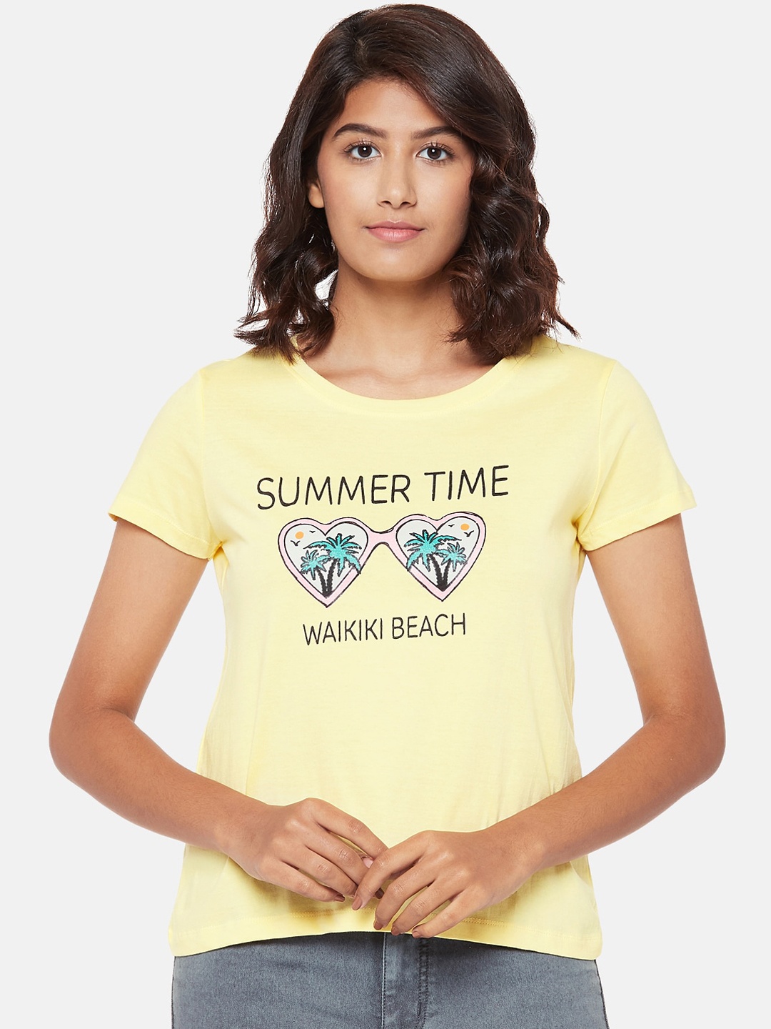 

Honey by Pantaloons Women Yellow Printed Cotton Round Neck Pure Cotton T-shirt