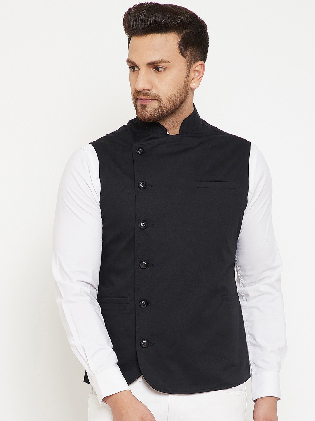 

Hypernation Men Black Cotton Solid Woven Satin Twill Nehru Jacket