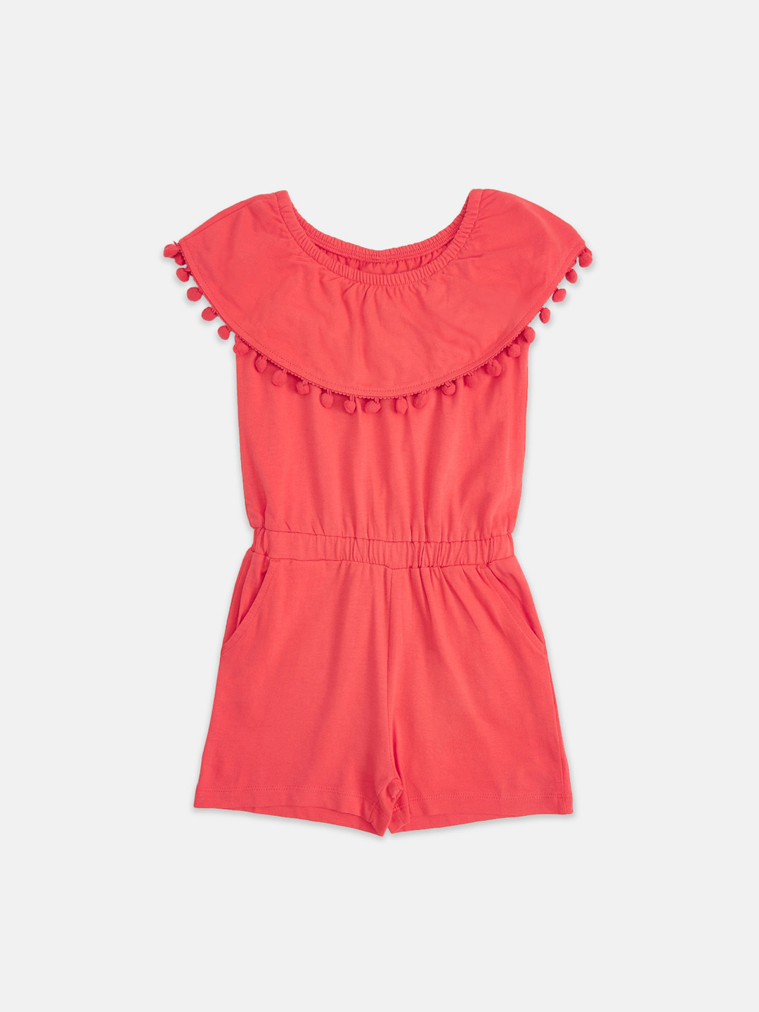 

Pantaloons Junior Girls Coral Pink Solid Pure Cotton Off-Shoulder Layered Playsuit