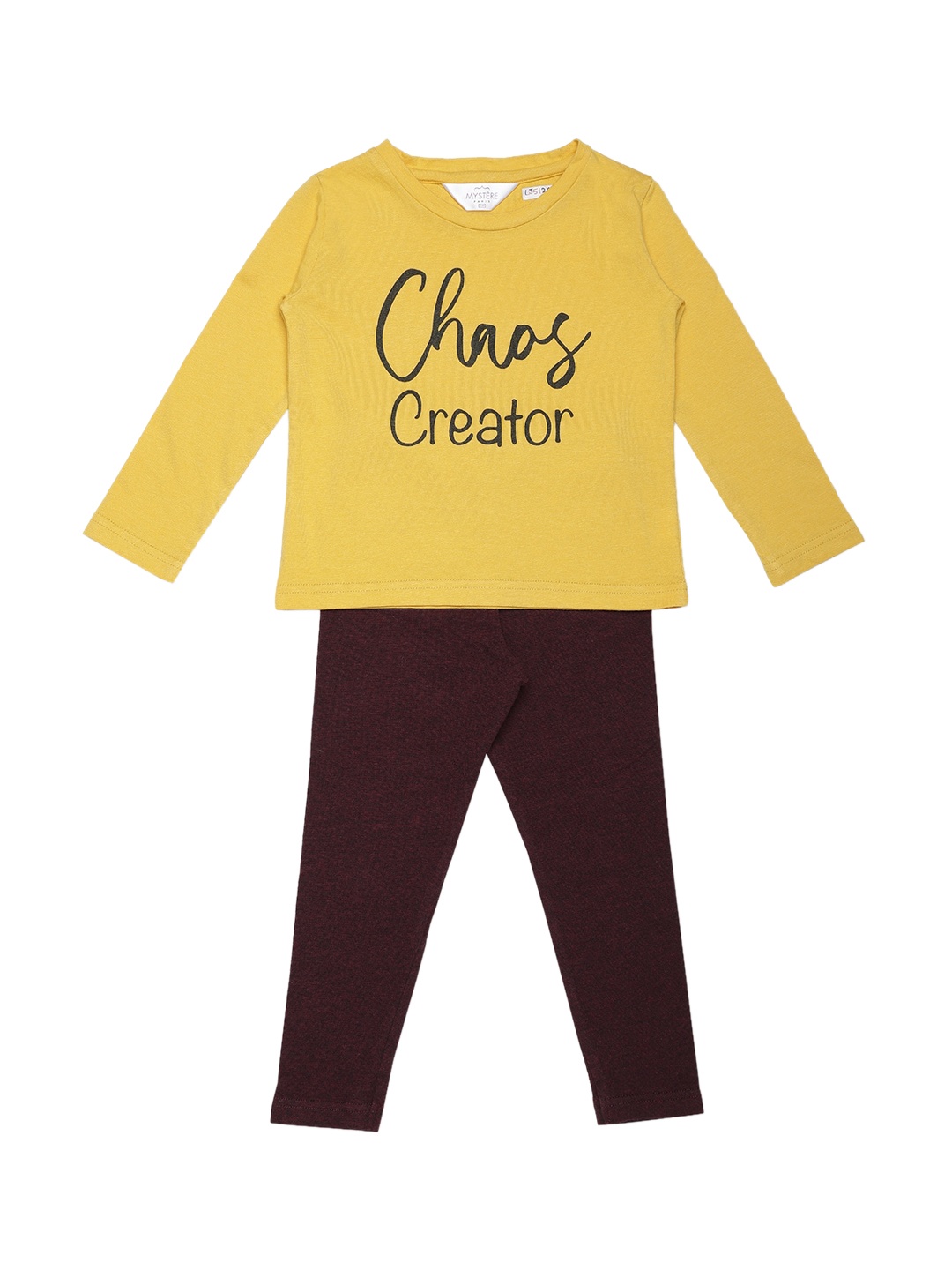Mystere Paris Girls Yellow & Maroon Printed Pure Cotton Night suit
