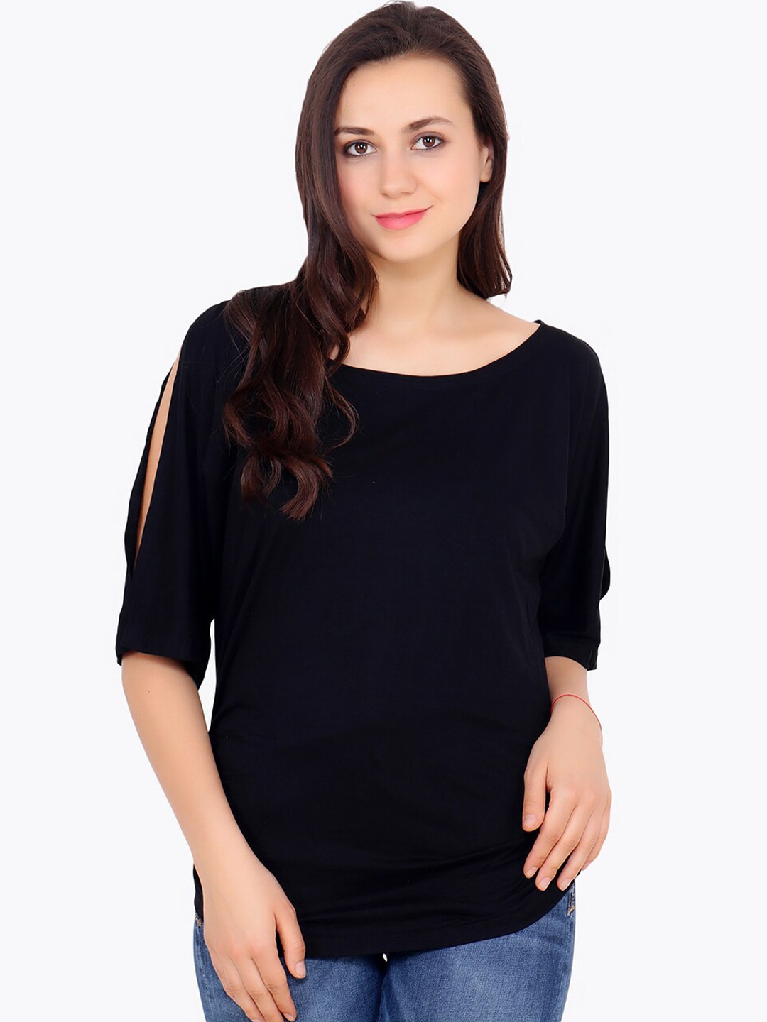 

Cation Black Slit Sleeves Pure Cotton Slit Sleeves Regular Top