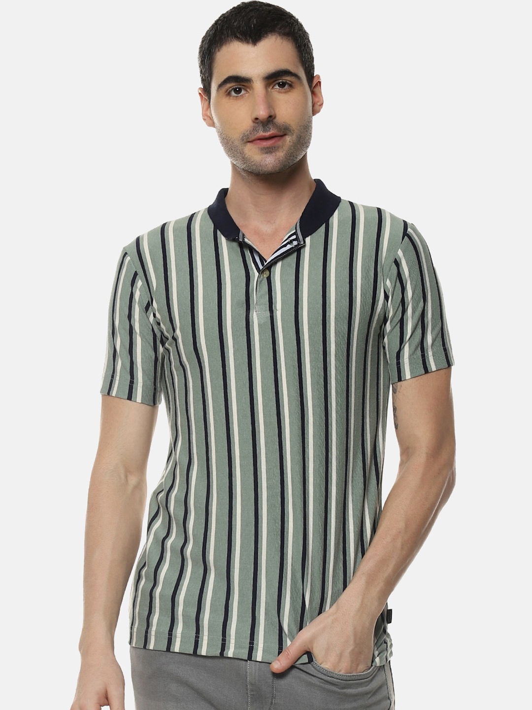 

Campus Sutra Men Green & Navy Blue Striped Polo Collar T-shirt