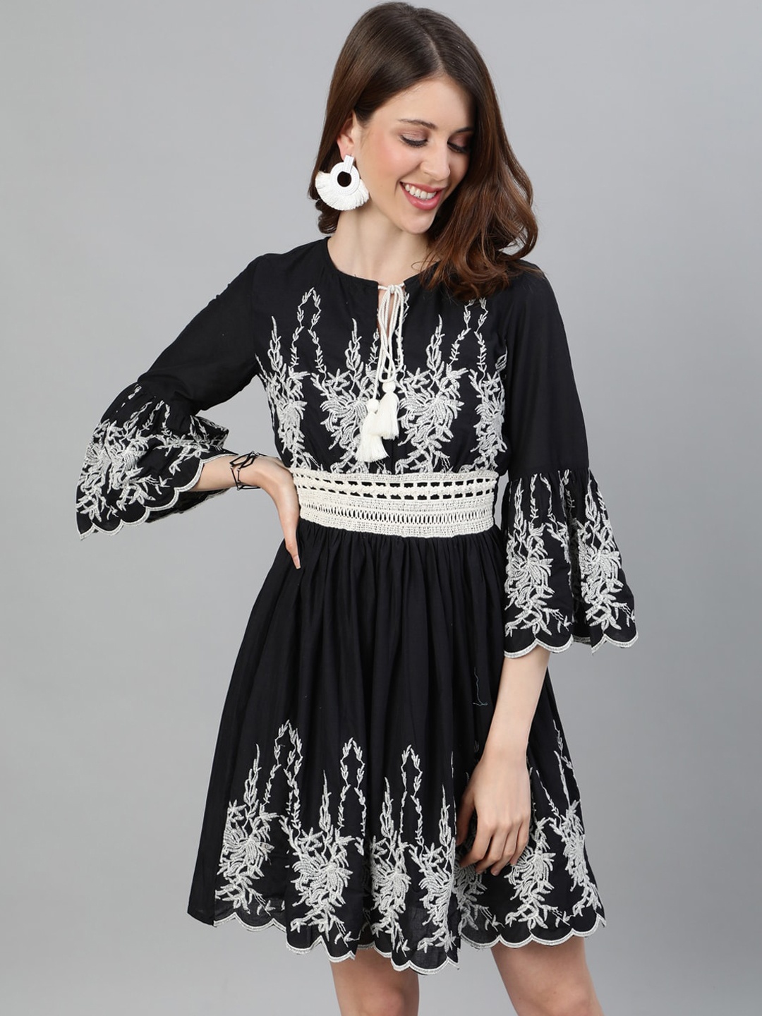 

Ishin Women Black Embroidered Fit and Flare Dress