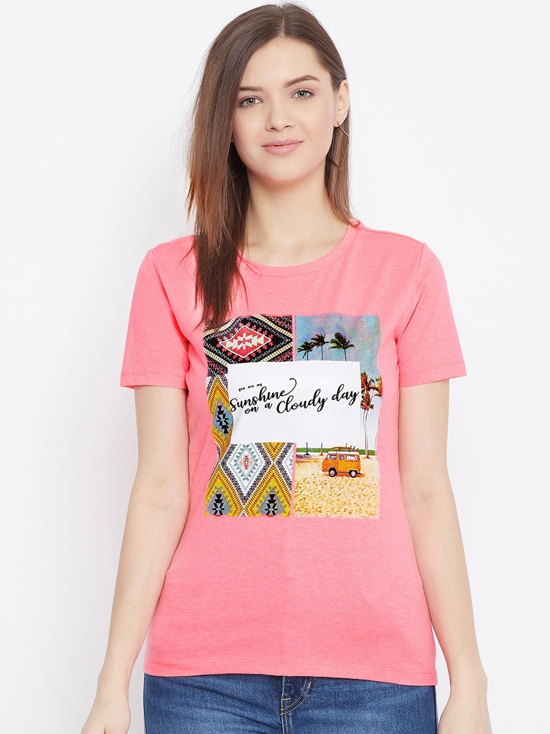 

Bishop Cotton Women Pink Printed Round Neck T-shirt