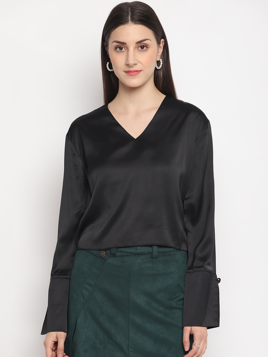 OTORVA Black Bell Sleeves Crepe Regular Top