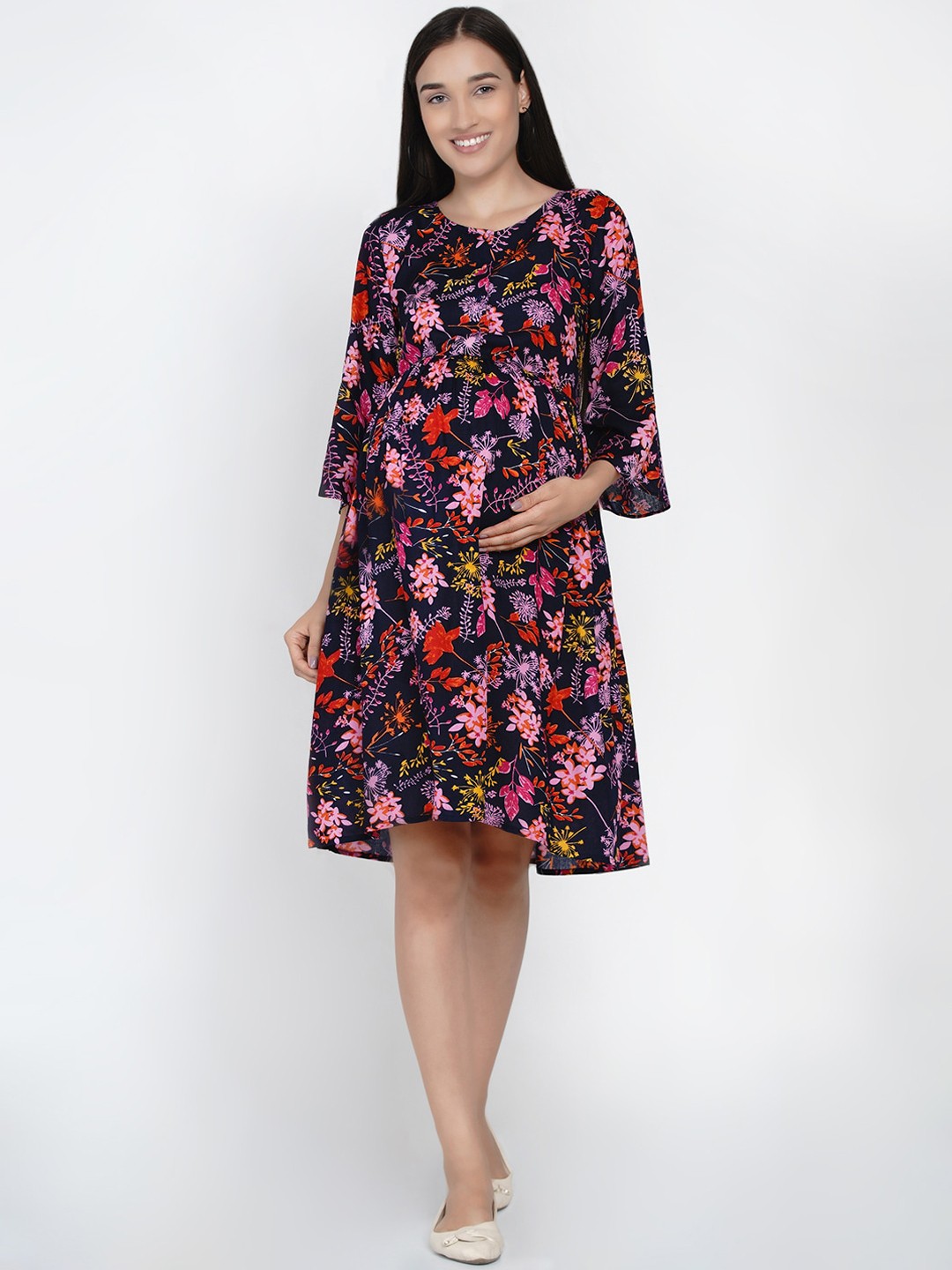 

Mine4Nine Women Multicoloured Floral Printed Fit and Flare Maternity Dress, Multi