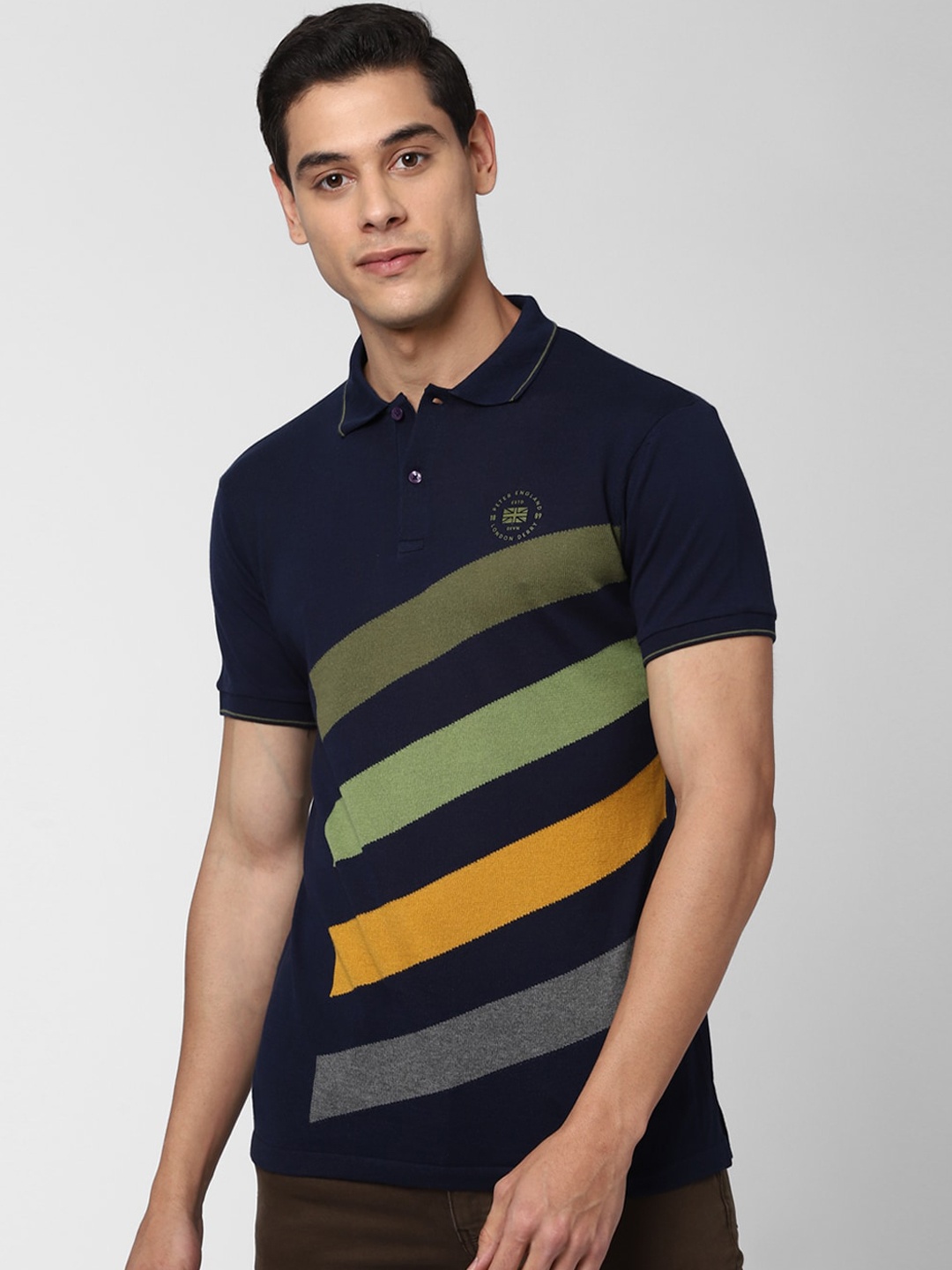 

Peter England Casuals Men Navy Blue Striped Polo Collar T-shirt