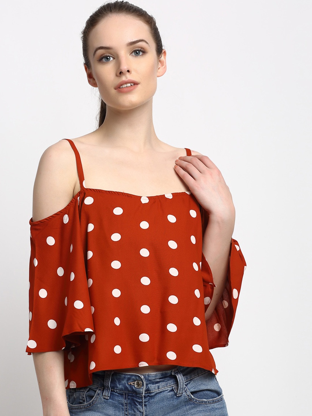 

Just Wow Rust Brown & White Printed Cold-Shoulder Sleeves Bardot Top