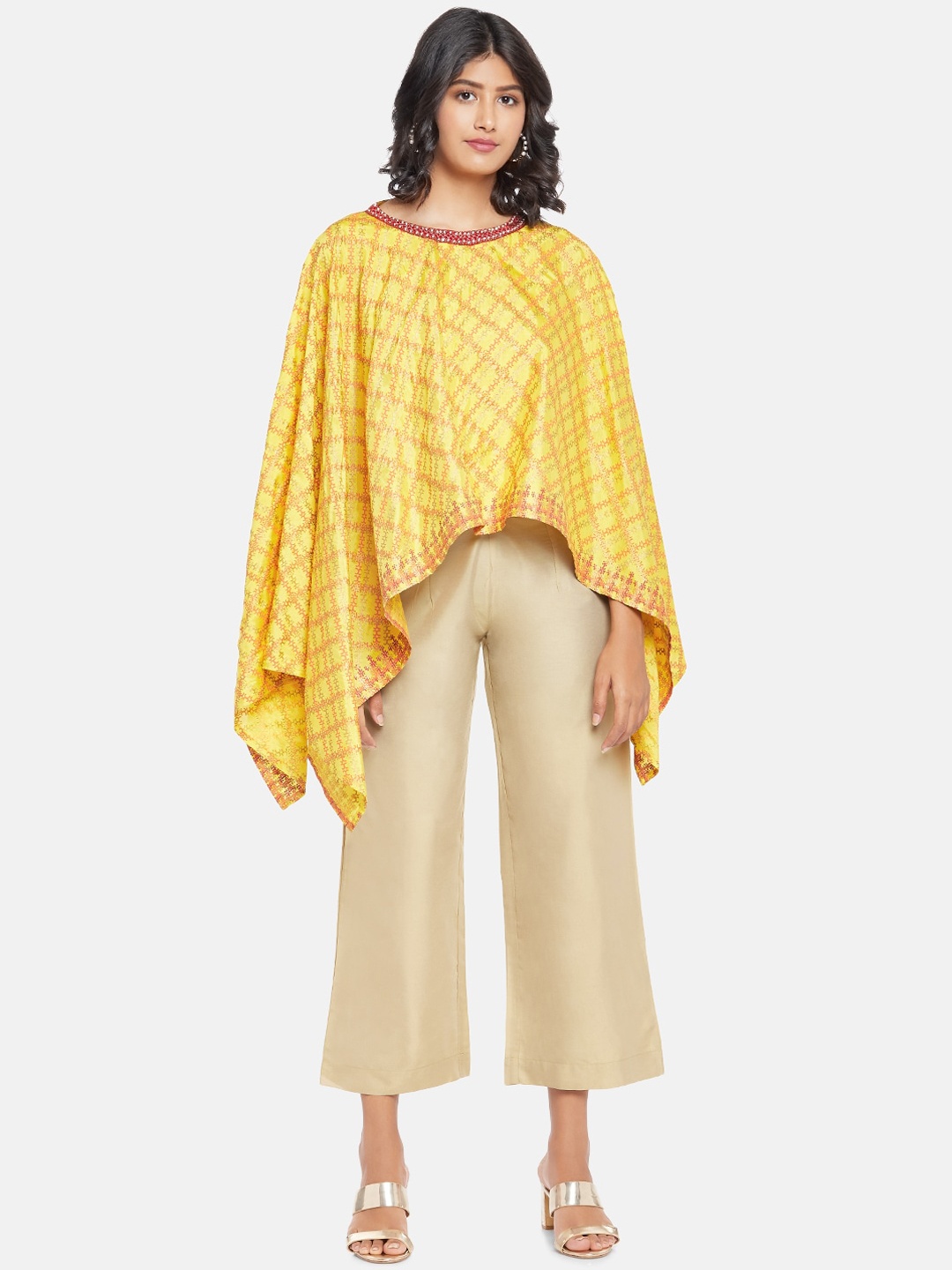 

RANGMANCH BY PANTALOONS Women Yellow & Beige Checked Cape Top with Palazzos