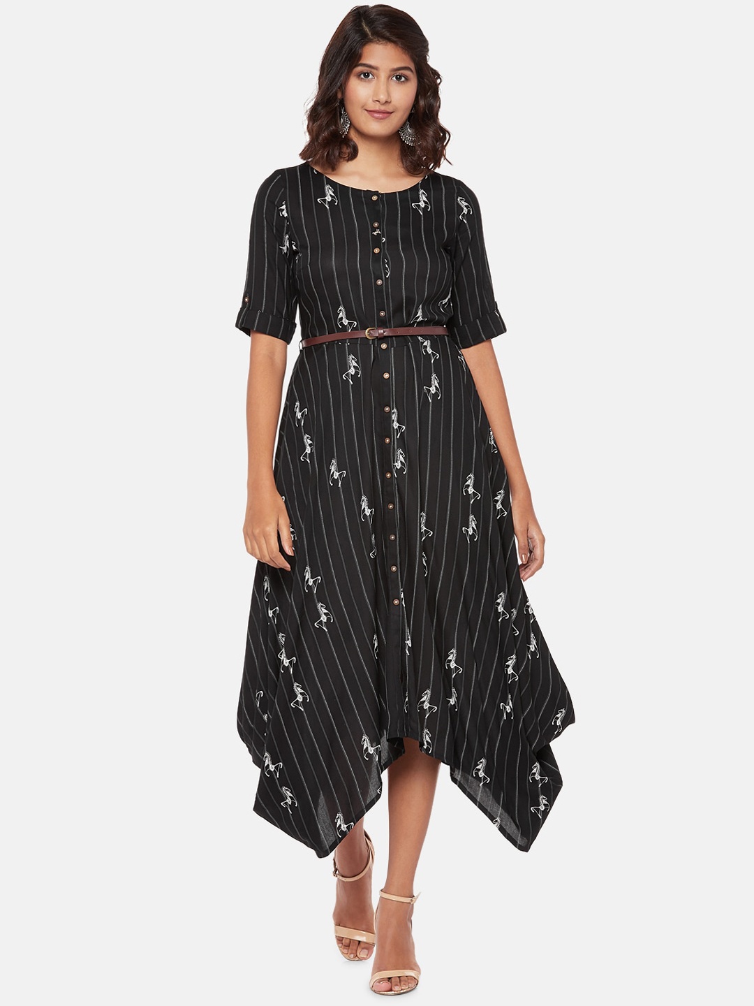 

AKKRITI BY PANTALOONS Women Black Printed A-Line Dress