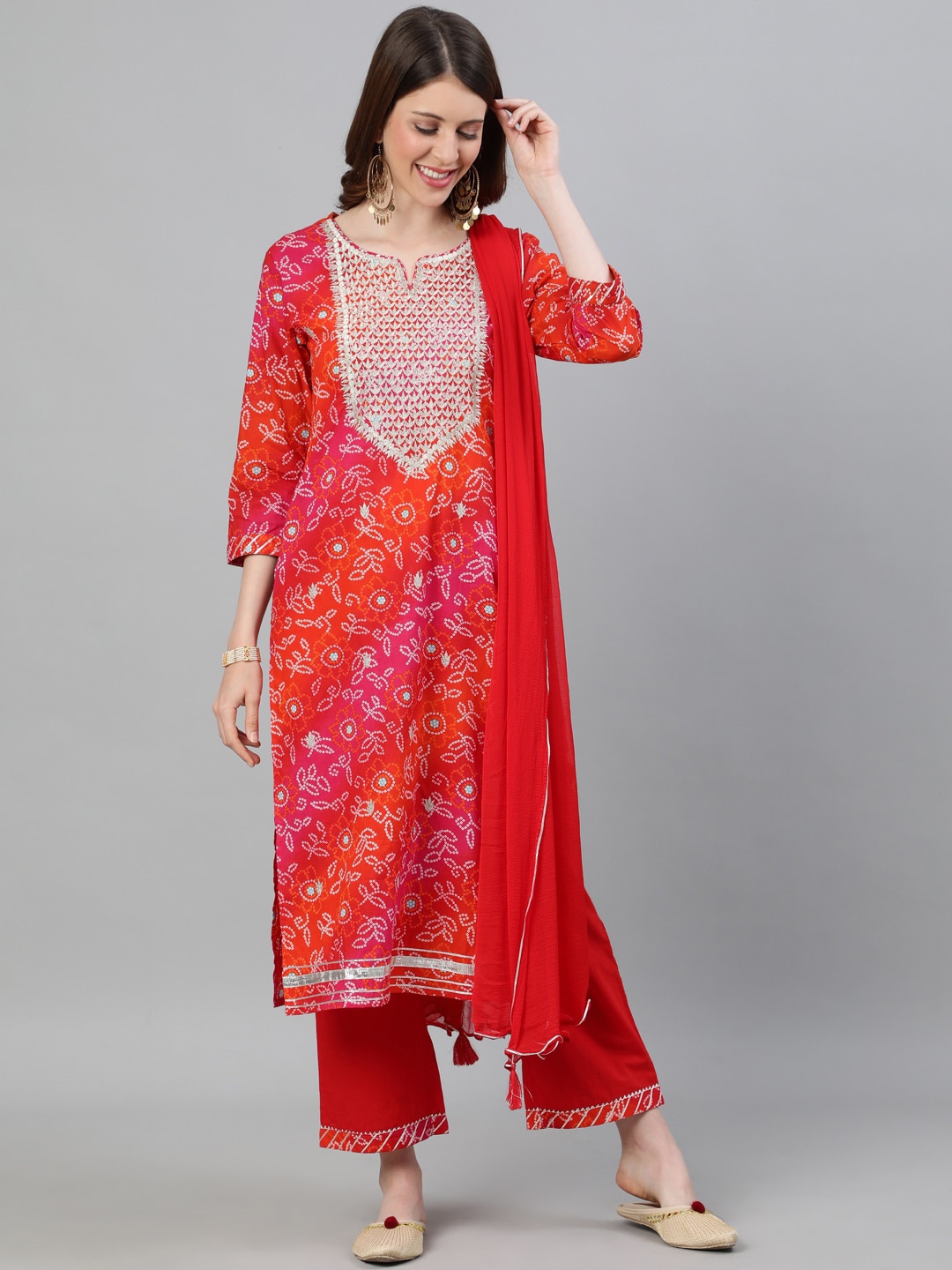 Ishin Women Red Printed Kurta with Palazzos & Dupatta
