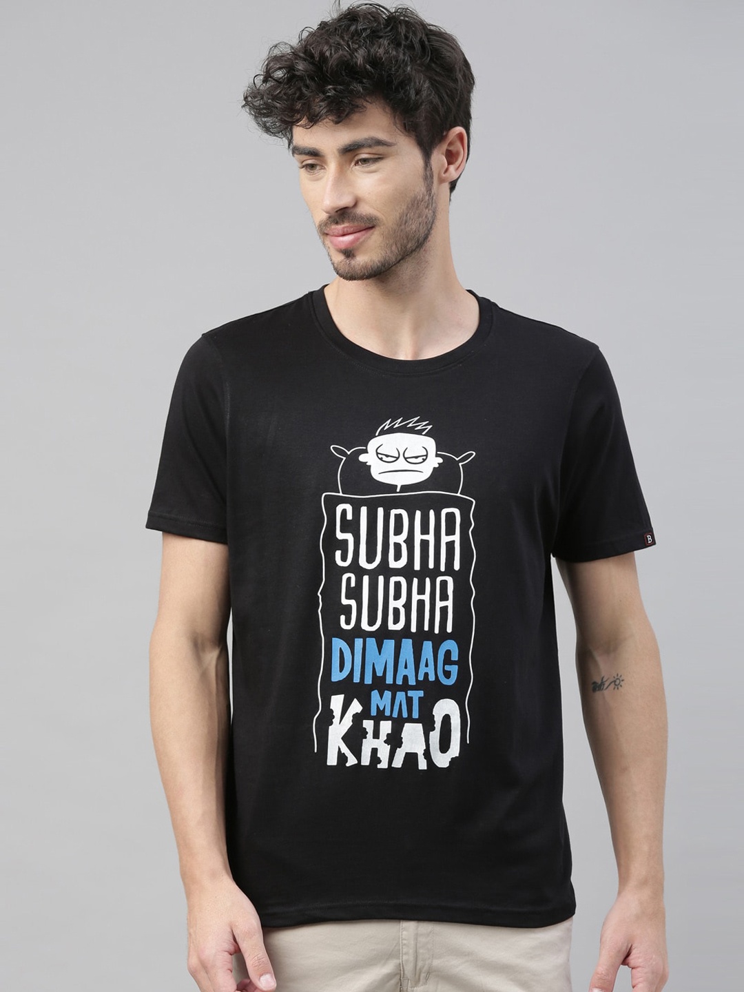 

Bushirt Men Black Printed Round Neck Cotton Pure Cotton T-shirt