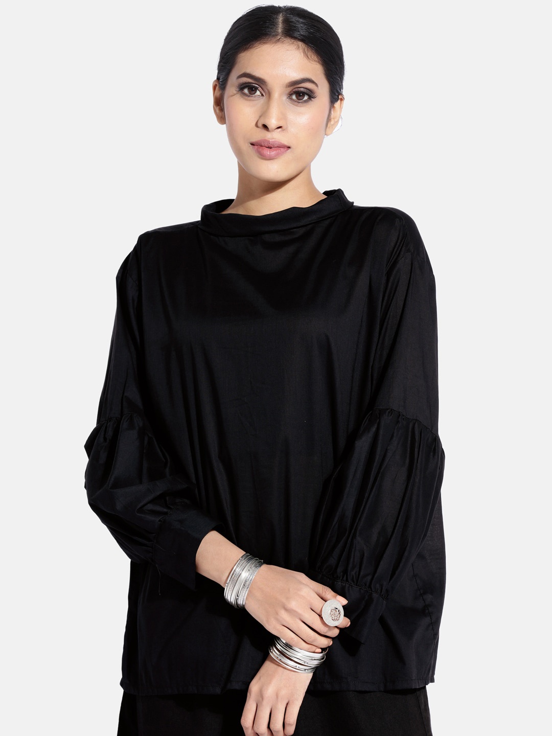 

GRASS by Gitika Goyal Black Puff Sleeves Pure Cotton Regular Top