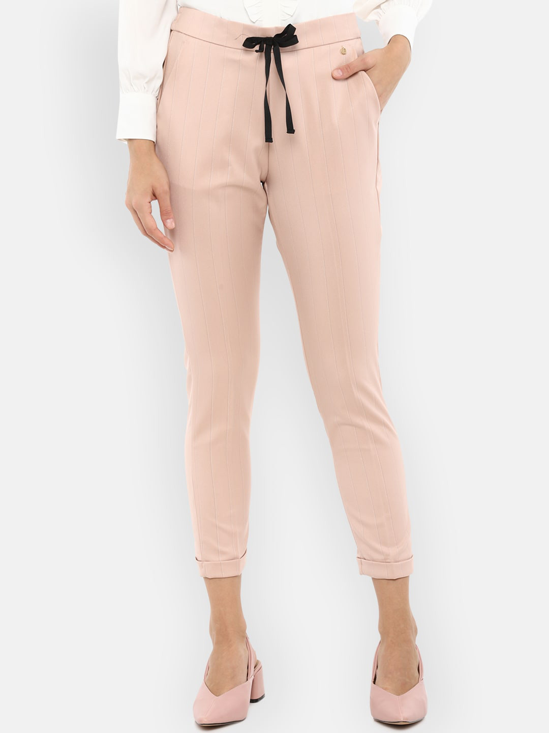 

Van Heusen Woman Women Peach-Coloured Slim Fit Striped Regular Trousers