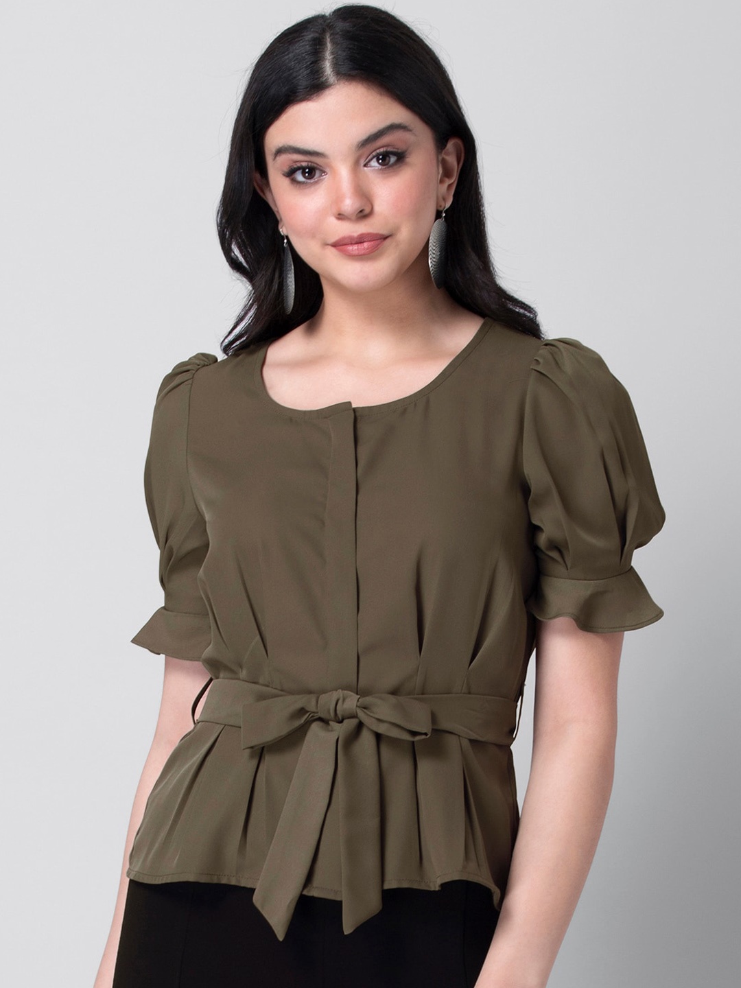 

FabAlley Green Solid Puff Sleeves Crepe Cinched Waist Top