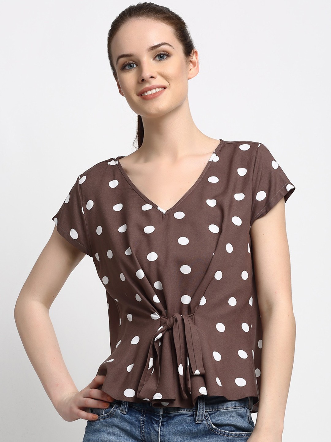 

Just Wow Brown Printed Cinched Waist Top