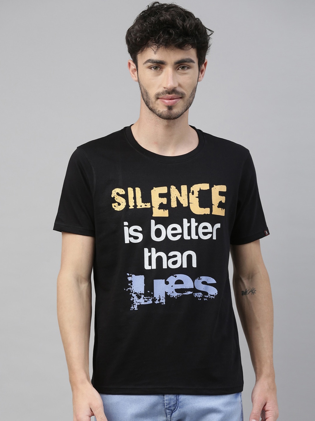 

Bushirt Men Black Printed Round Neck Pure Cotton T-shirt